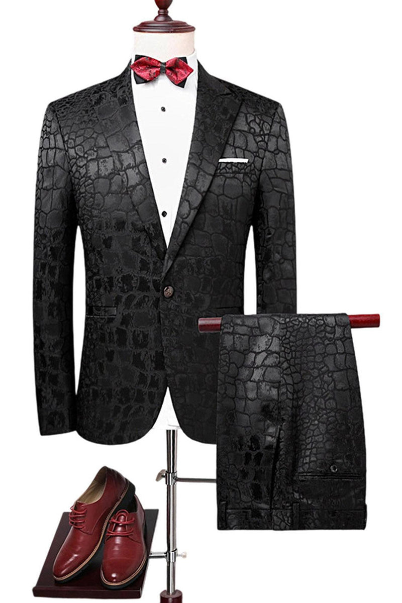 Laden Sie das Bild in den Galerie-Viewer, Schwarze Textur Peak Revers 2-teilige Ballanzüge