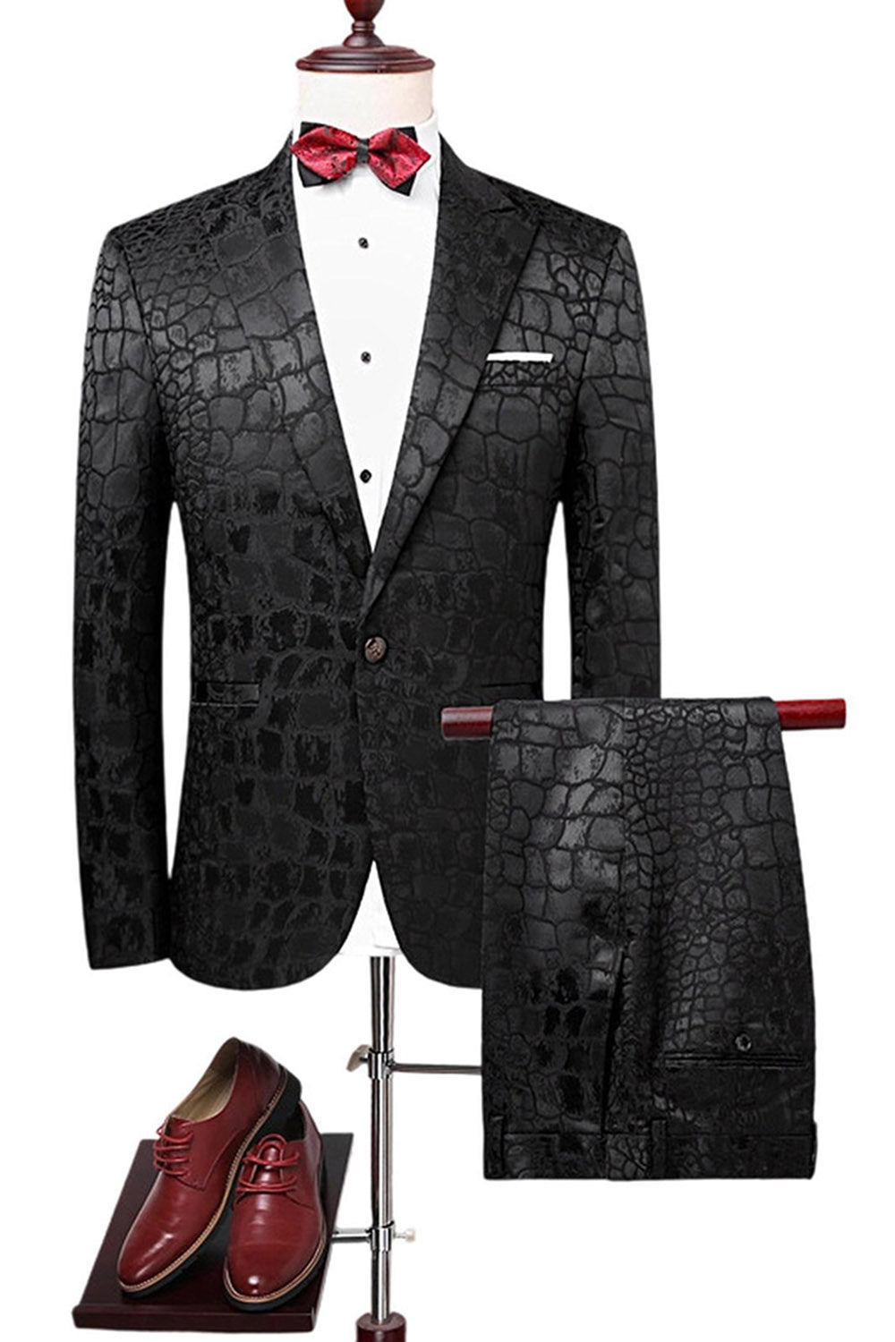 Schwarze Textur Peak Revers 2-teilige Ballanzüge