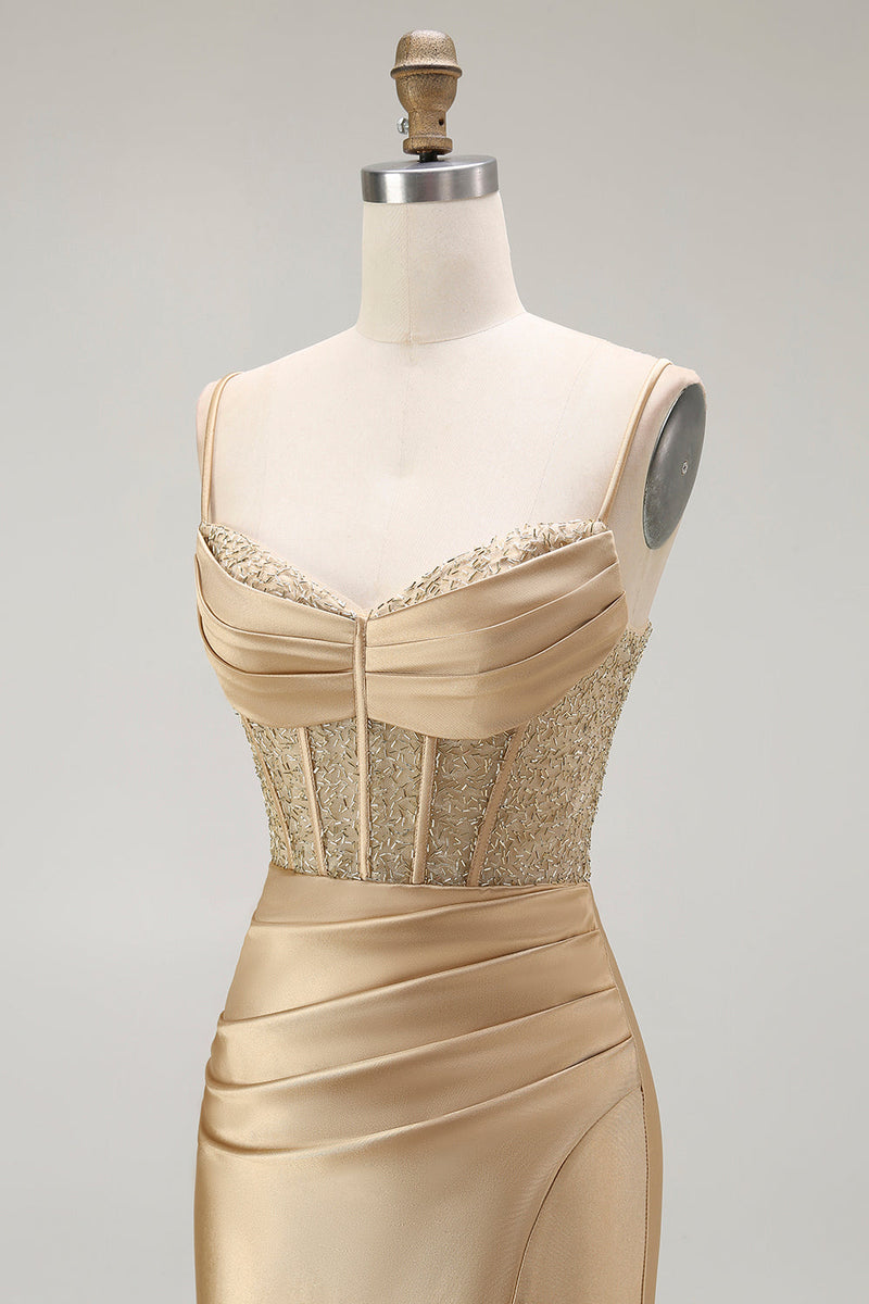 Laden Sie das Bild in den Galerie-Viewer, Rotes Meerjungfrau Spaghettiträger Korsett Plissee Langes Ballkleid mit Schlitz