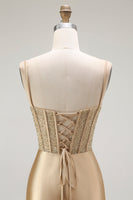 Laden Sie das Bild in den Galerie-Viewer, Goldenes Meerjungfrau Spaghettiträger Korsett Plissee Langes Ballkleid mit Schlitz