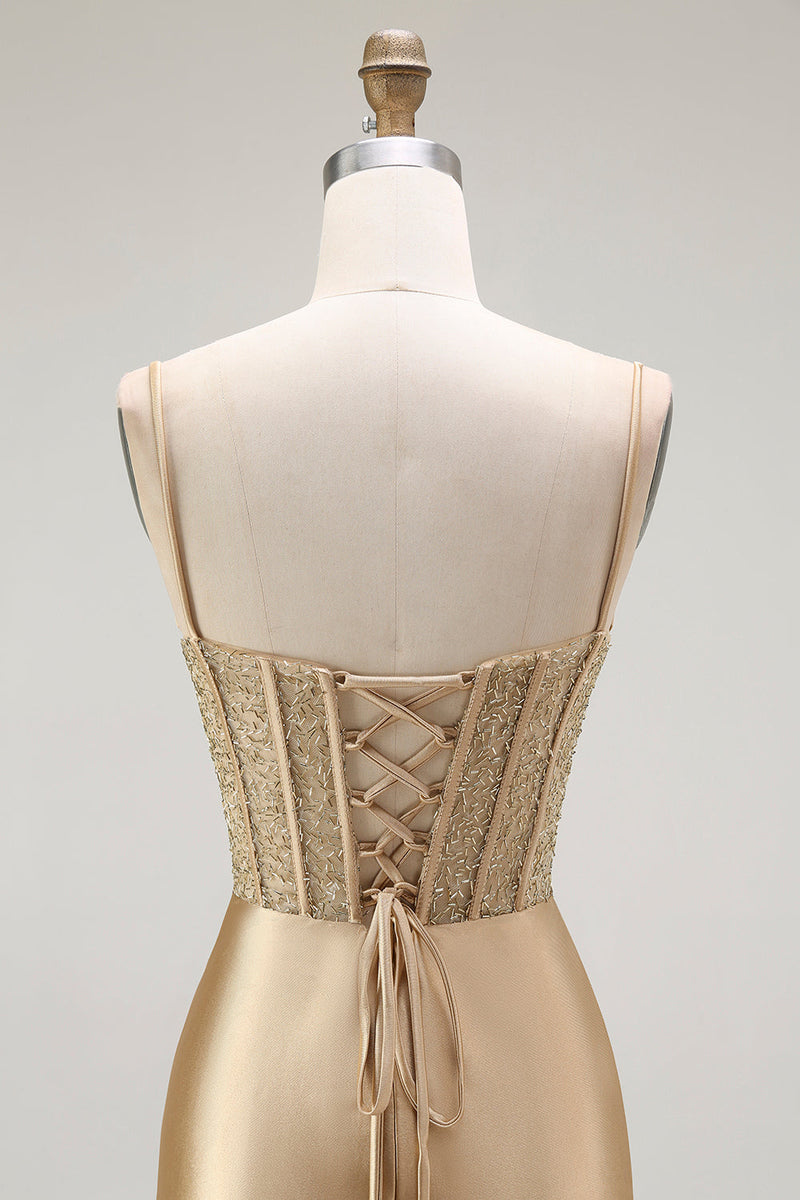 Laden Sie das Bild in den Galerie-Viewer, Goldenes Meerjungfrau Spaghettiträger Korsett Plissee Langes Ballkleid mit Schlitz