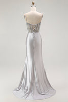 Laden Sie das Bild in den Galerie-Viewer, Rotes Meerjungfrau Spaghettiträger Korsett Plissee Langes Ballkleid mit Schlitz