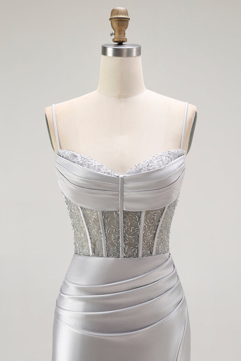 Laden Sie das Bild in den Galerie-Viewer, Goldenes Meerjungfrau Spaghettiträger Korsett Plissee Langes Ballkleid mit Schlitz