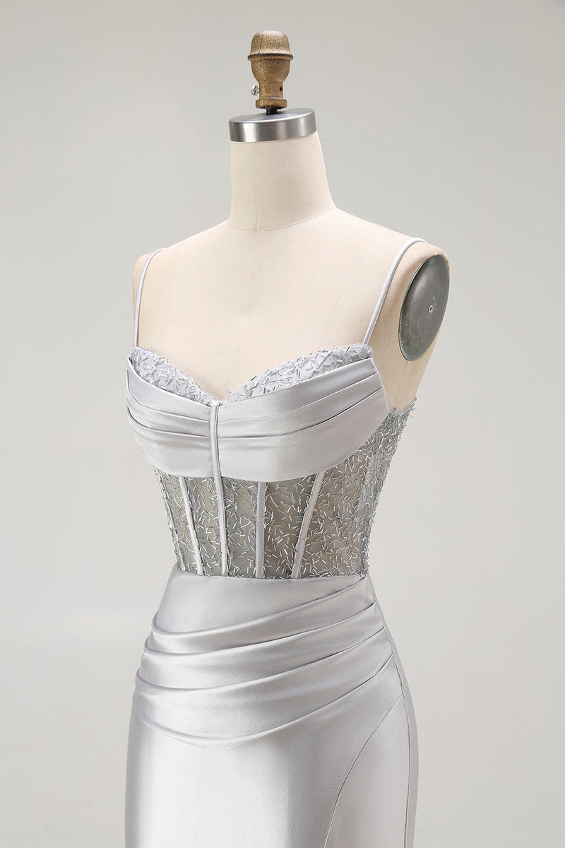 Laden Sie das Bild in den Galerie-Viewer, Goldenes Meerjungfrau Spaghettiträger Korsett Plissee Langes Ballkleid mit Schlitz