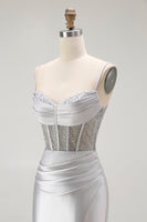 Laden Sie das Bild in den Galerie-Viewer, Rotes Meerjungfrau Spaghettiträger Korsett Plissee Langes Ballkleid mit Schlitz