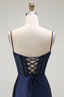 Laden Sie das Bild in den Galerie-Viewer, Goldenes Meerjungfrau Spaghettiträger Korsett Plissee Langes Ballkleid mit Schlitz