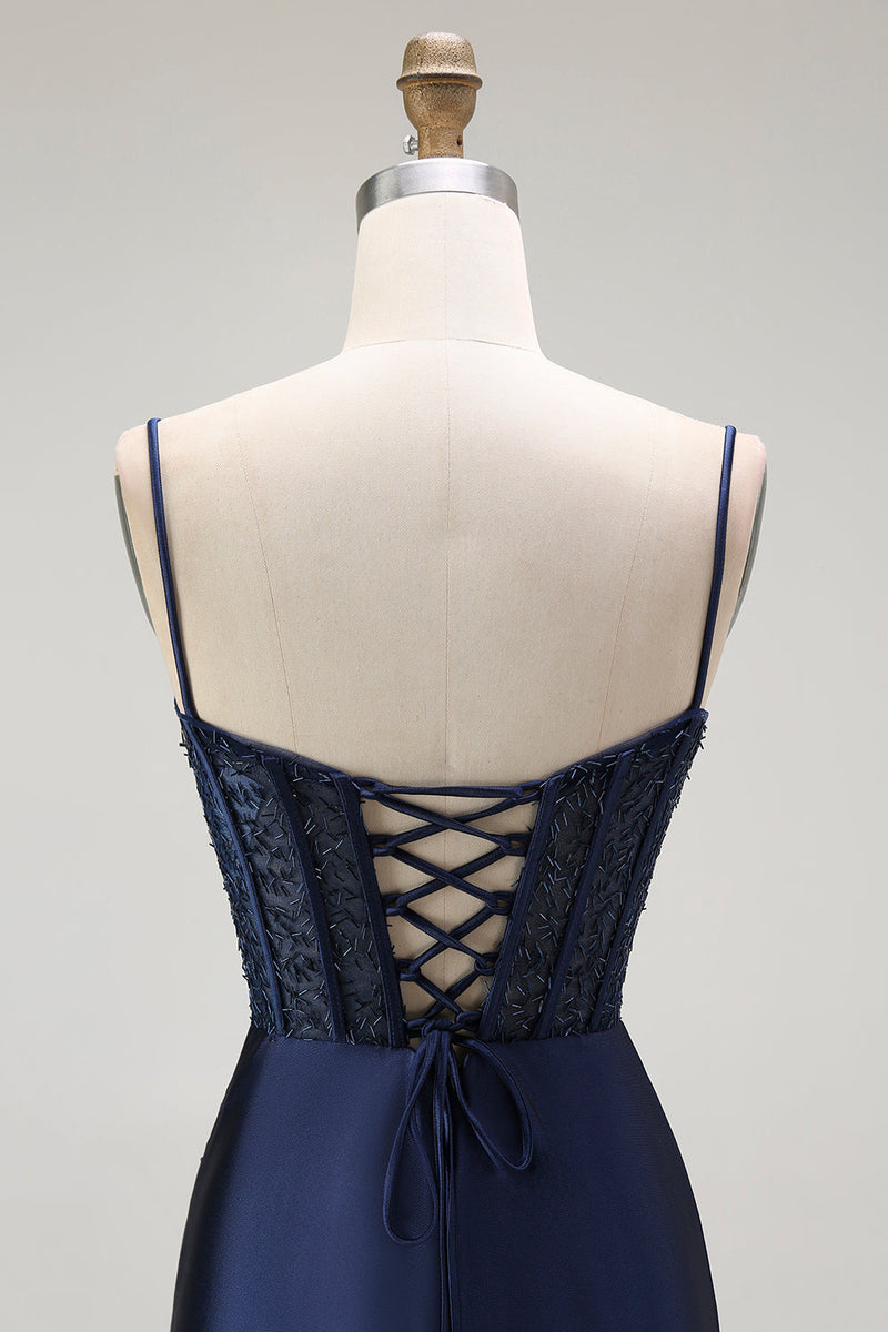 Laden Sie das Bild in den Galerie-Viewer, Goldenes Meerjungfrau Spaghettiträger Korsett Plissee Langes Ballkleid mit Schlitz