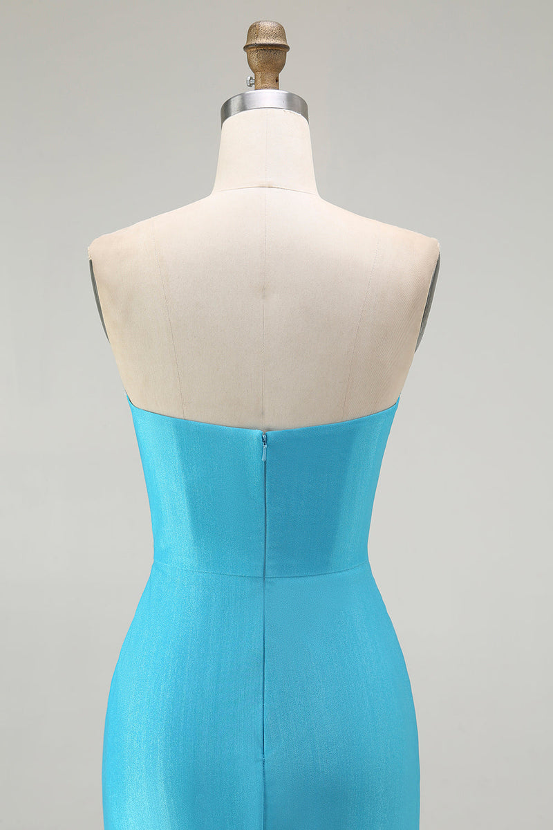 Laden Sie das Bild in den Galerie-Viewer, Funkelndes Blaues Trägerloses Meerjungfrauen Plissee Langes Ballkleid mit Schlitz