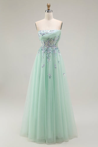 Grünes Trägerloses A-Linie Korsett Tüll Langes Ballkleid mit Applikationen