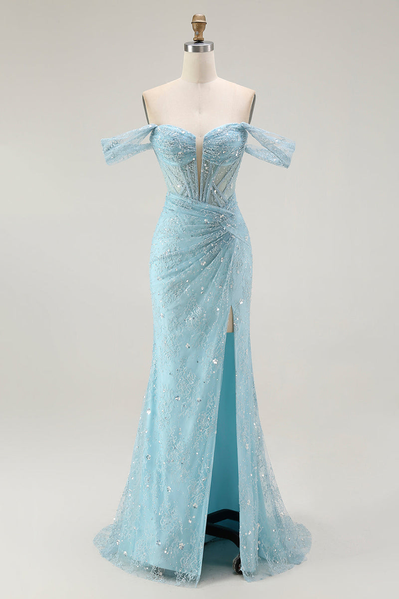 Laden Sie das Bild in den Galerie-Viewer, Blaue Meerjungfrau Schulterfreies Langes Ballkleid mit Perlen und Schlitz