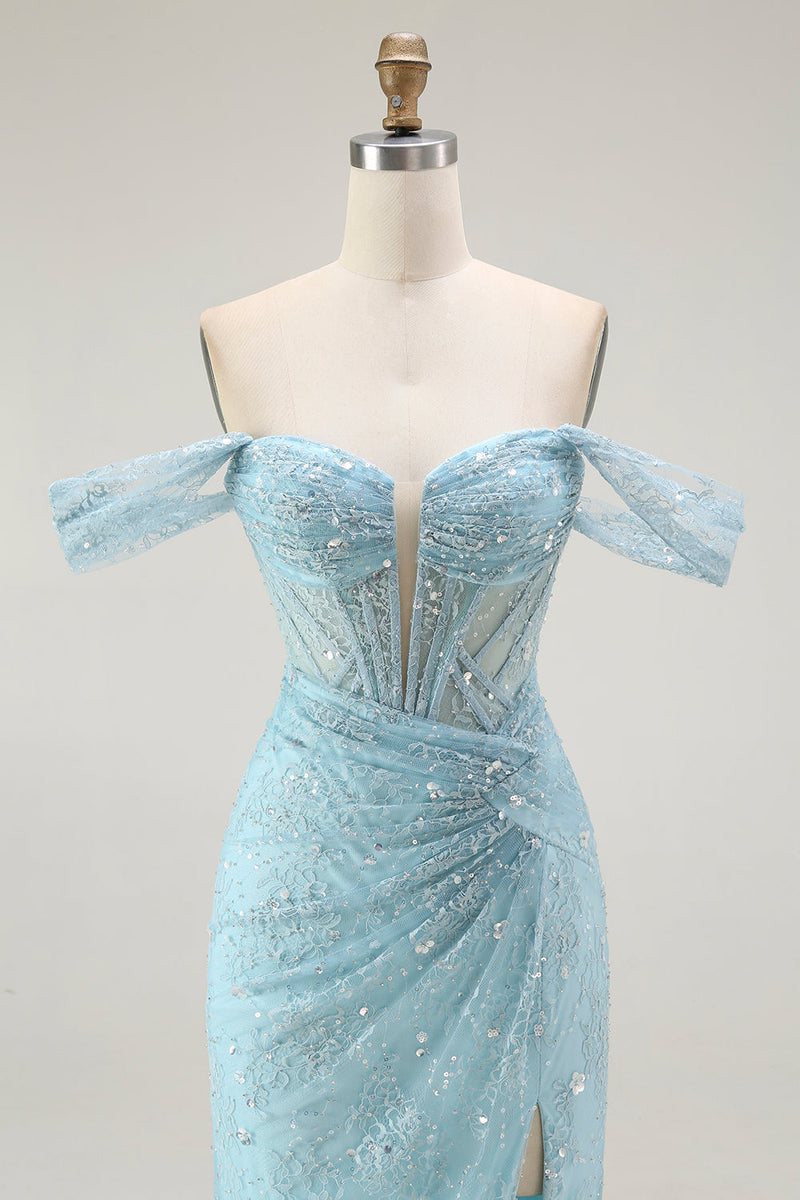 Laden Sie das Bild in den Galerie-Viewer, Blaue Meerjungfrau Schulterfreies Langes Ballkleid mit Perlen und Schlitz