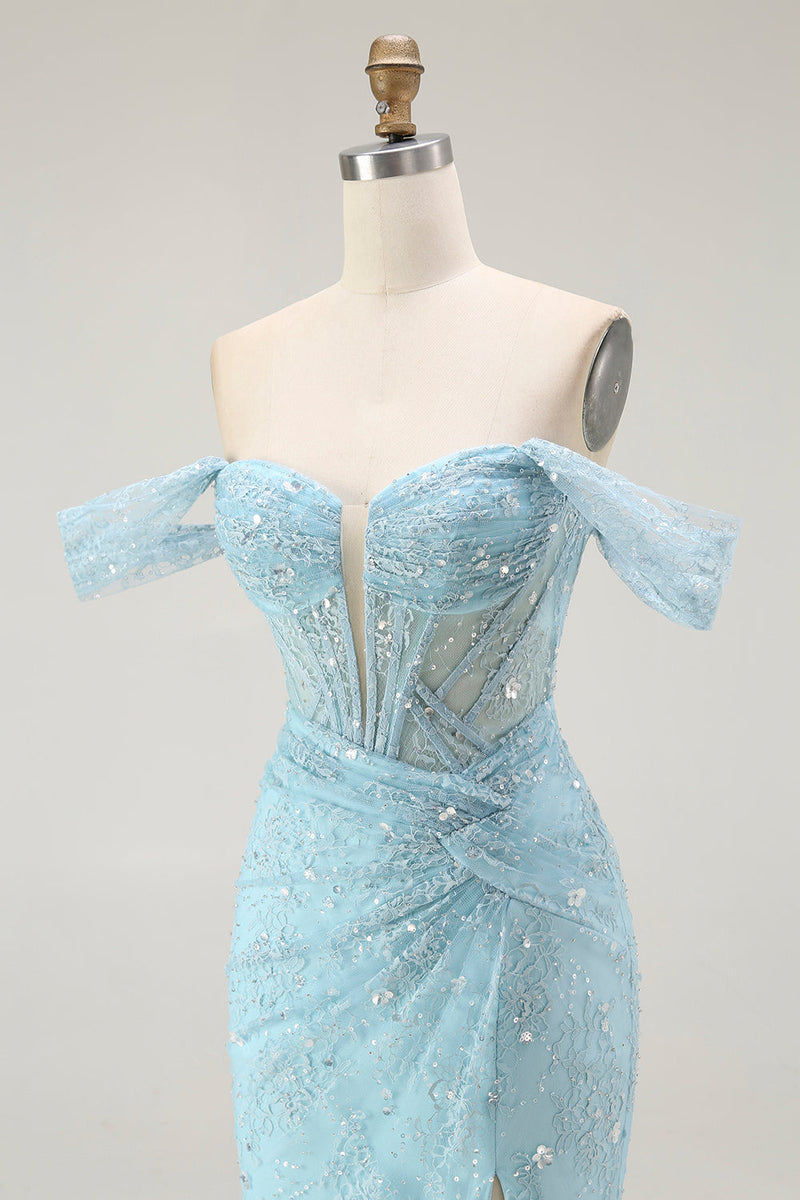 Laden Sie das Bild in den Galerie-Viewer, Blaue Meerjungfrau Schulterfreies Langes Ballkleid mit Perlen und Schlitz