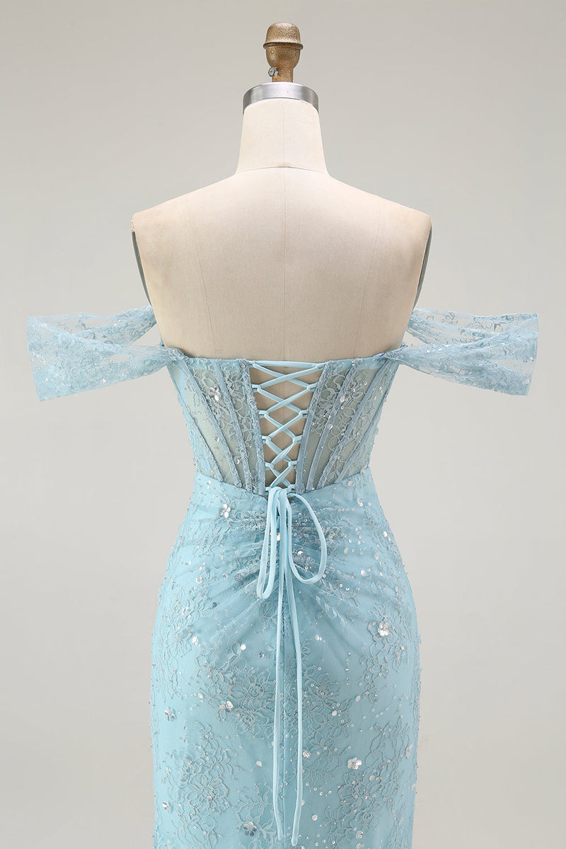 Laden Sie das Bild in den Galerie-Viewer, Blaue Meerjungfrau Schulterfreies Langes Ballkleid mit Perlen und Schlitz