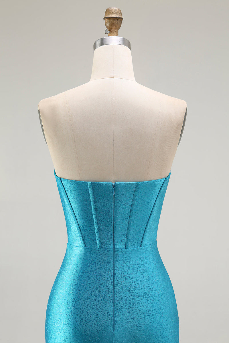 Laden Sie das Bild in den Galerie-Viewer, Meerjungfrau Trägerloses Korsett Perlenbesetztes Blaues Ballkleid mit Rüschen Schlitz