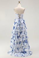 Laden Sie das Bild in den Galerie-Viewer, Weiß-Blaues Geblümtes Korsett A-Linie Gestuftes Ballkleid