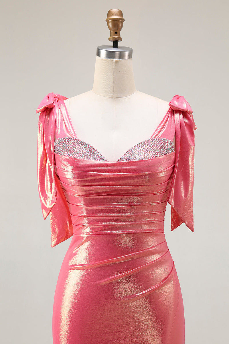 Laden Sie das Bild in den Galerie-Viewer, Metallisches Koralle Perlen Meerjungfrauen Langes Ballkleid mit Rüschen und Schlitz