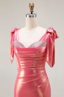 Laden Sie das Bild in den Galerie-Viewer, Metallisches Koralle Perlen Meerjungfrauen Langes Ballkleid mit Rüschen und Schlitz