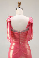 Laden Sie das Bild in den Galerie-Viewer, Metallisches Koralle Perlen Meerjungfrauen Langes Ballkleid mit Rüschen und Schlitz