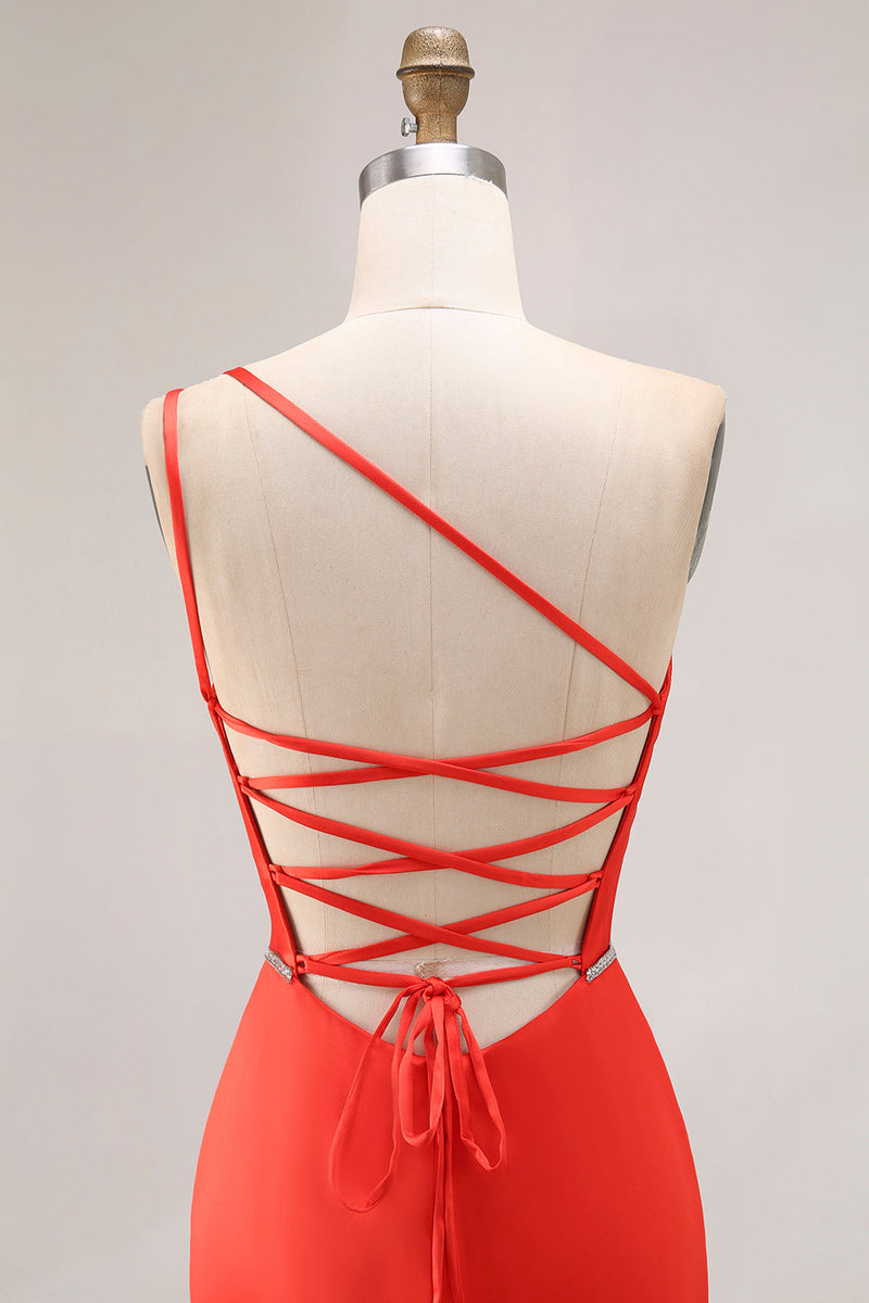 Laden Sie das Bild in den Galerie-Viewer, Eine Schulter Orange Meerjungfrau Perlenbesetztes Langes Ballkleid mit Schlitz