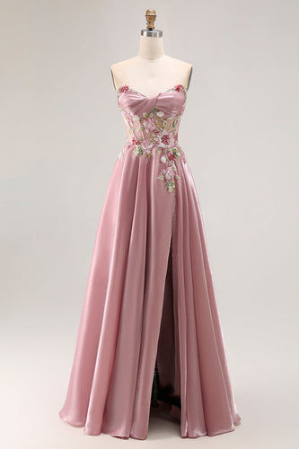 Herzausschnitt A Linie Appliziertes Graues Rosa Ballkleid mit Schlitz