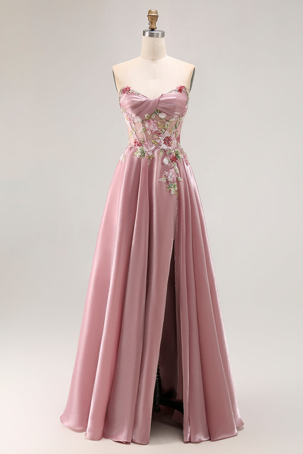 Herzausschnitt A Linie Appliziertes Graues Rosa Ballkleid mit Schlitz