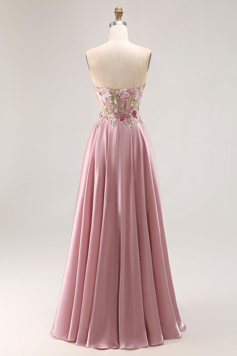 Laden Sie das Bild in den Galerie-Viewer, Herzausschnitt A Linie Appliziertes Graues Rosa Ballkleid mit Schlitz