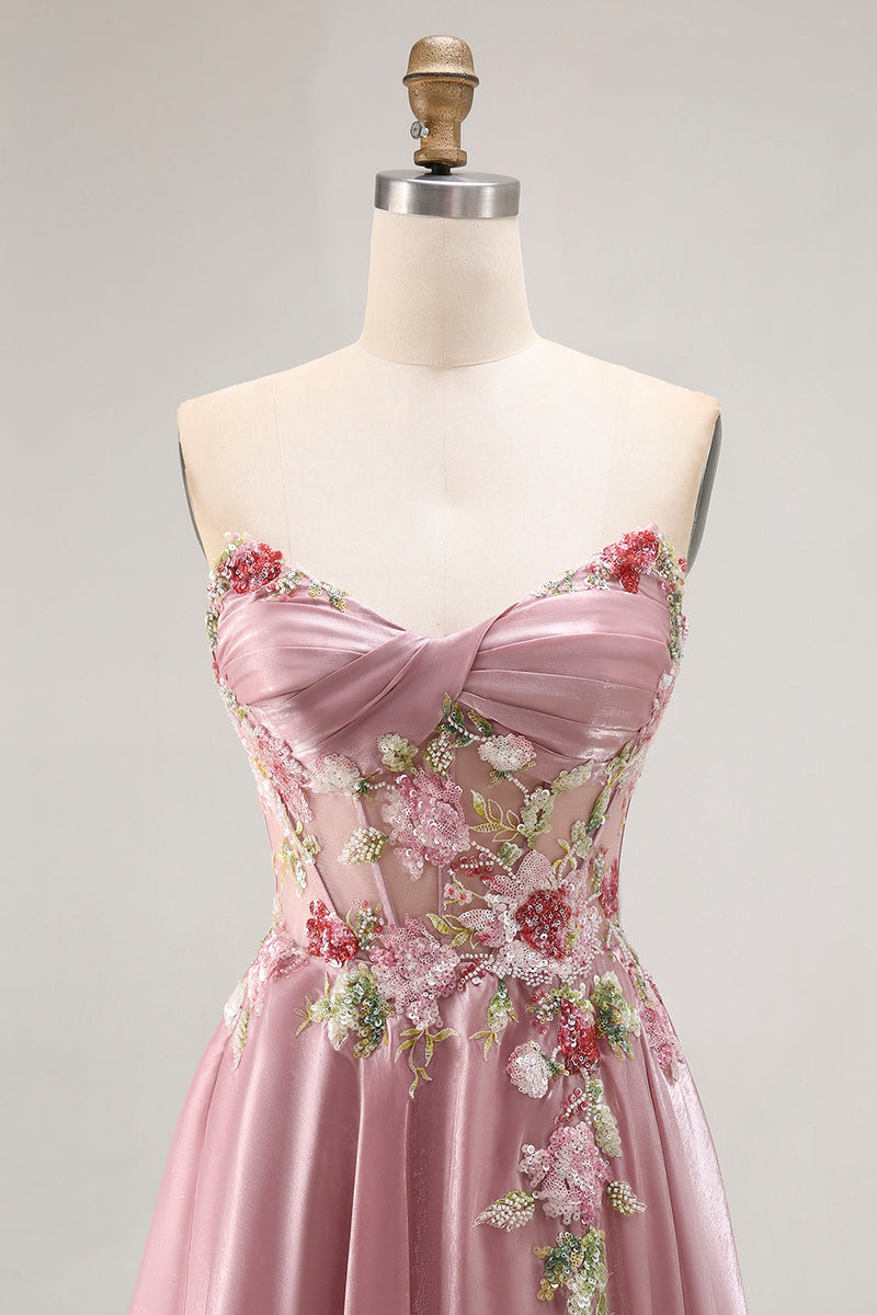 Laden Sie das Bild in den Galerie-Viewer, Herzausschnitt A Linie Appliziertes Graues Rosa Ballkleid mit Schlitz