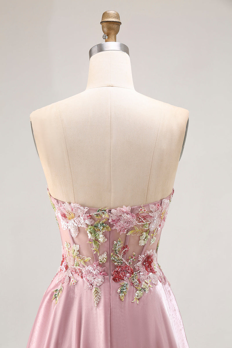 Laden Sie das Bild in den Galerie-Viewer, Herzausschnitt A Linie Appliziertes Graues Rosa Ballkleid mit Schlitz