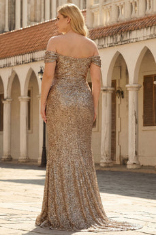 Glitzerndes Pailletten Champagner Schulterfreies Meerjungfrauen Langes Plus-Size Ballkleid mit Schlitz
