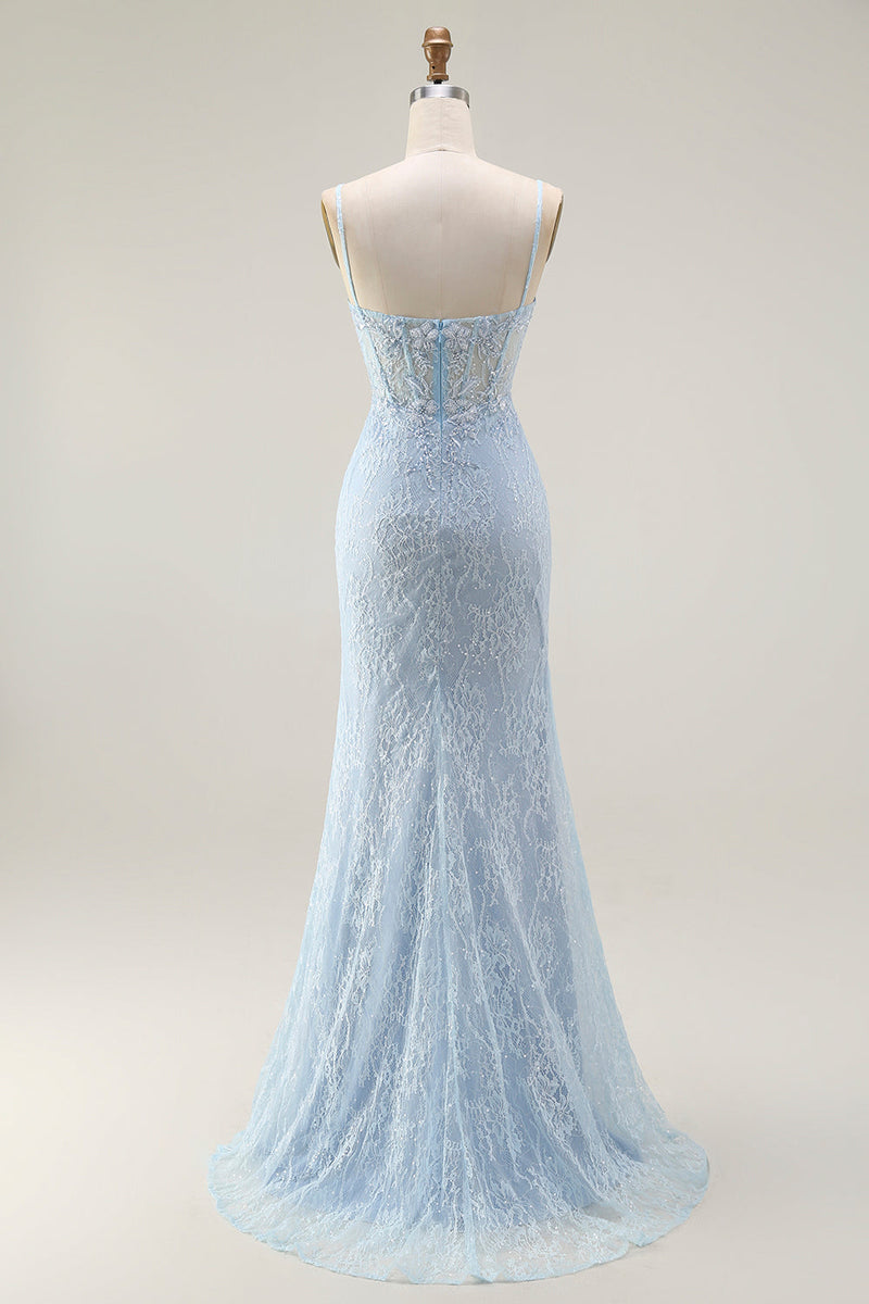 Laden Sie das Bild in den Galerie-Viewer, Blaues Meerjungfrau Spaghettiträger Korsett Spitze Perlenbesetztes Langes Ballkleid mit Schlitz