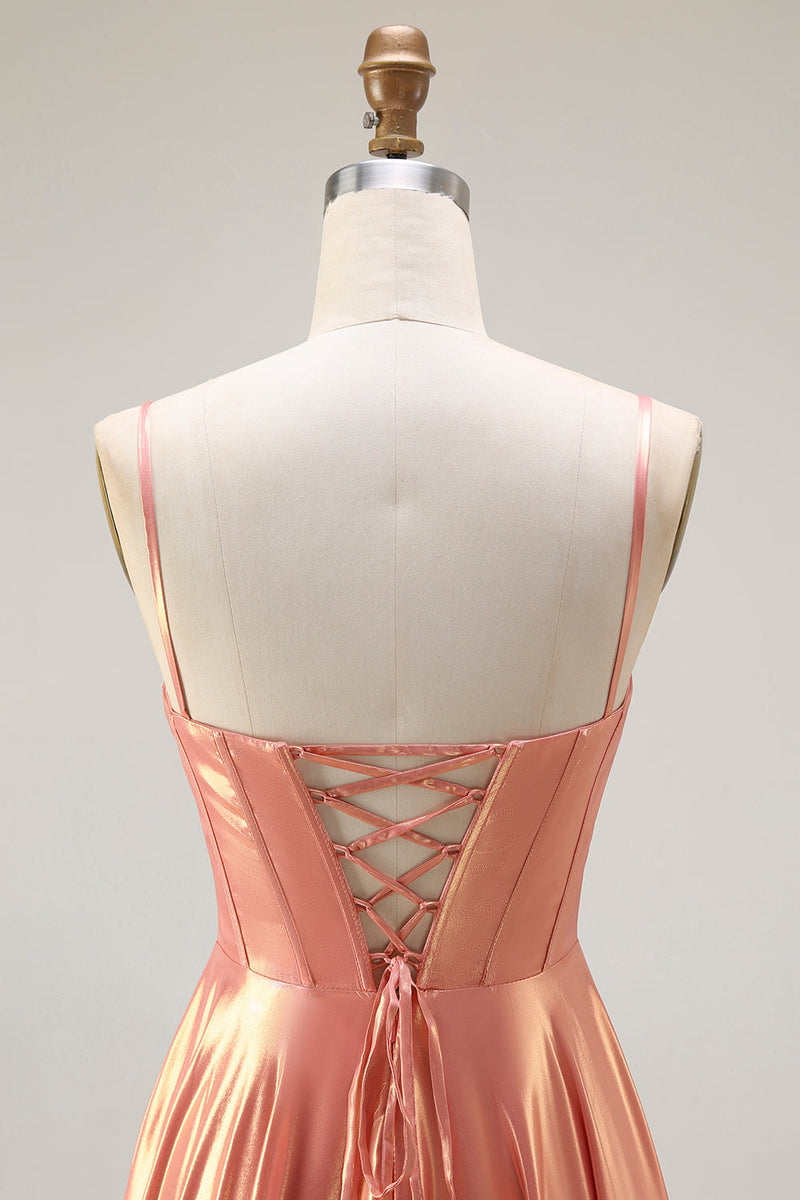 Laden Sie das Bild in den Galerie-Viewer, Metallic Orange Langes A-Linie Perlen Korsett Ballkleid mit Schnürung