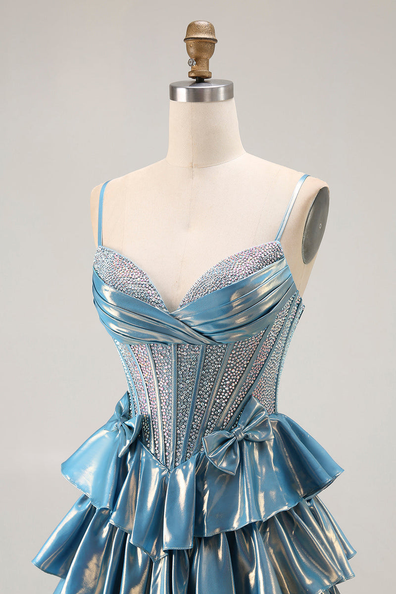 Laden Sie das Bild in den Galerie-Viewer, Blaues Metallic Korsett A-Linie Stufen Ballkleid mit Perlenstickerei