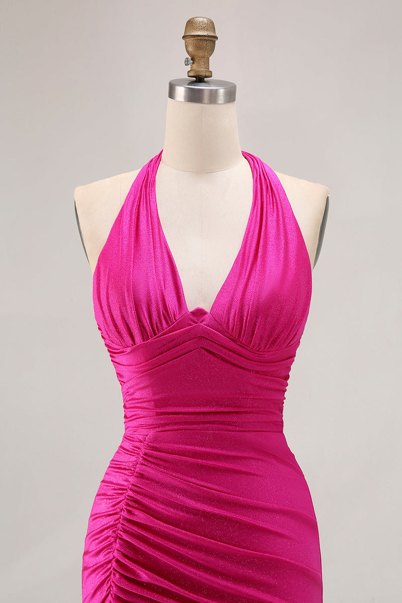 Laden Sie das Bild in den Galerie-Viewer, Fuchsia Neckholder Gerafftes Meerjungfrau Langes Ballkleid mit Schlitz