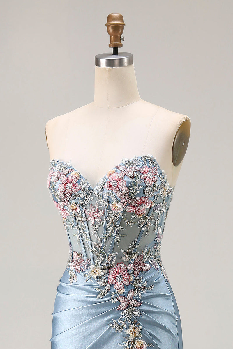 Laden Sie das Bild in den Galerie-Viewer, Grau Blau Meerjungfrau Herzausschnitt Appliziertes Korsett Perlen Langes Ballkleid mit Schlitz