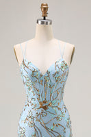 Laden Sie das Bild in den Galerie-Viewer, Meerjungfrau See Blaues Korsett Pailletten Schnürung Rücken Langes Ballkleid mit Schlitz