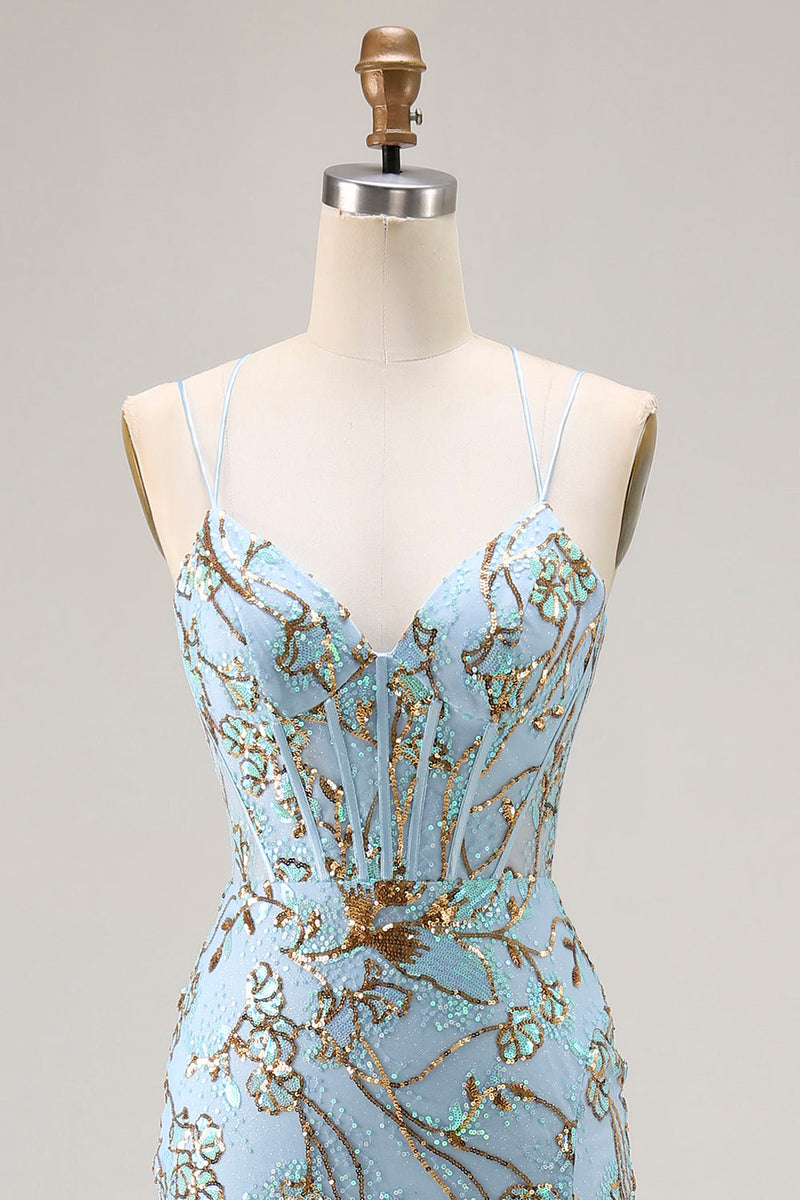 Laden Sie das Bild in den Galerie-Viewer, Meerjungfrau See Blaues Korsett Pailletten Schnürung Rücken Langes Ballkleid mit Schlitz