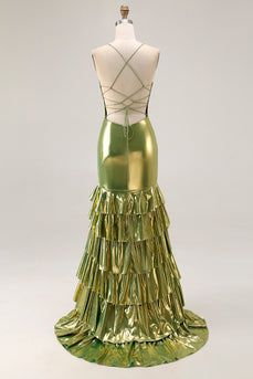 Gold Metallic Langes Meerjungfrauen Gestuftes Ballkleid mit Schnürung und Schlitz