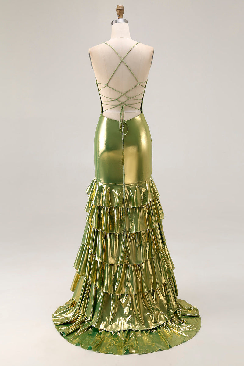 Laden Sie das Bild in den Galerie-Viewer, Gold Metallic Langes Meerjungfrauen Gestuftes Ballkleid mit Schnürung und Schlitz