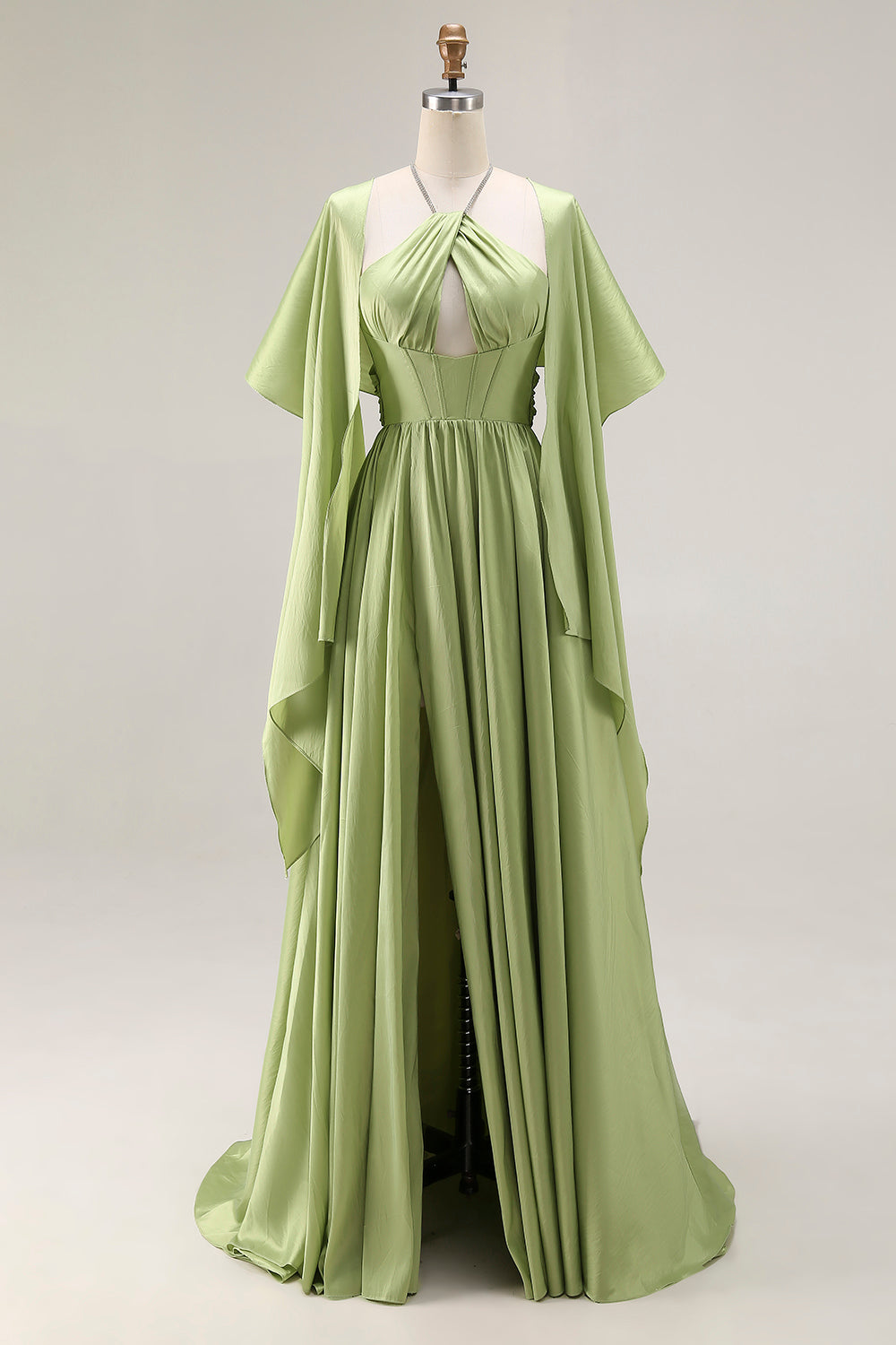 Salbeigrünes A-Linie Satin Korsett Schlüsselloch Langes Abendkleid mit Flügelärmeln