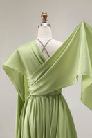 Laden Sie das Bild in den Galerie-Viewer, Salbeigrünes A-Linie Satin Korsett Schlüsselloch Langes Abendkleid mit Flügelärmeln