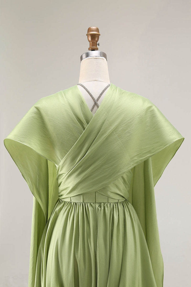 Laden Sie das Bild in den Galerie-Viewer, Salbeigrünes A-Linie Satin Korsett Schlüsselloch Langes Abendkleid mit Flügelärmeln