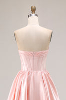 Laden Sie das Bild in den Galerie-Viewer, Rosa A Linie Herzausschnitt Satin Korsett Langes Ballkleid mit Perlenstickerei