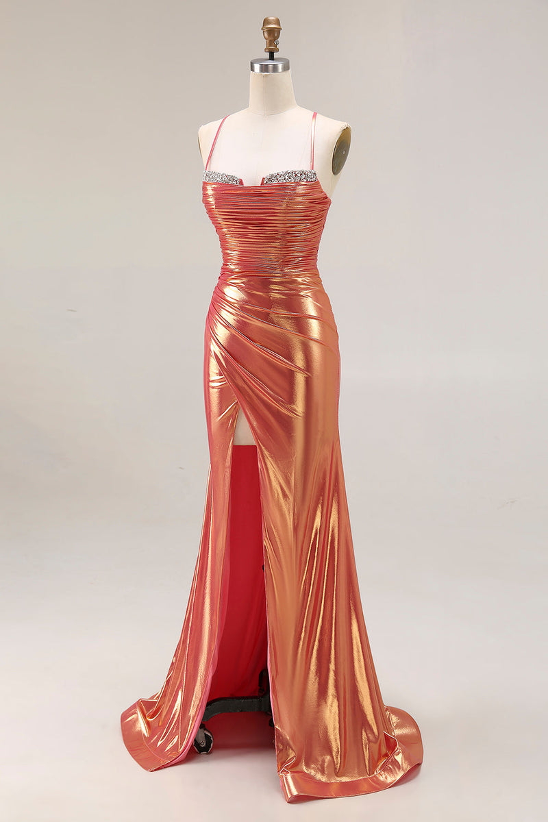 Laden Sie das Bild in den Galerie-Viewer, Metallic Orange Meerjungfrauen Perlen Ballkleid mit Rüschen und Schlitz