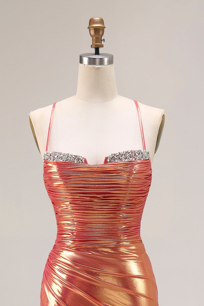 Laden Sie das Bild in den Galerie-Viewer, Metallic Orange Meerjungfrauen Perlen Ballkleid mit Rüschen und Schlitz