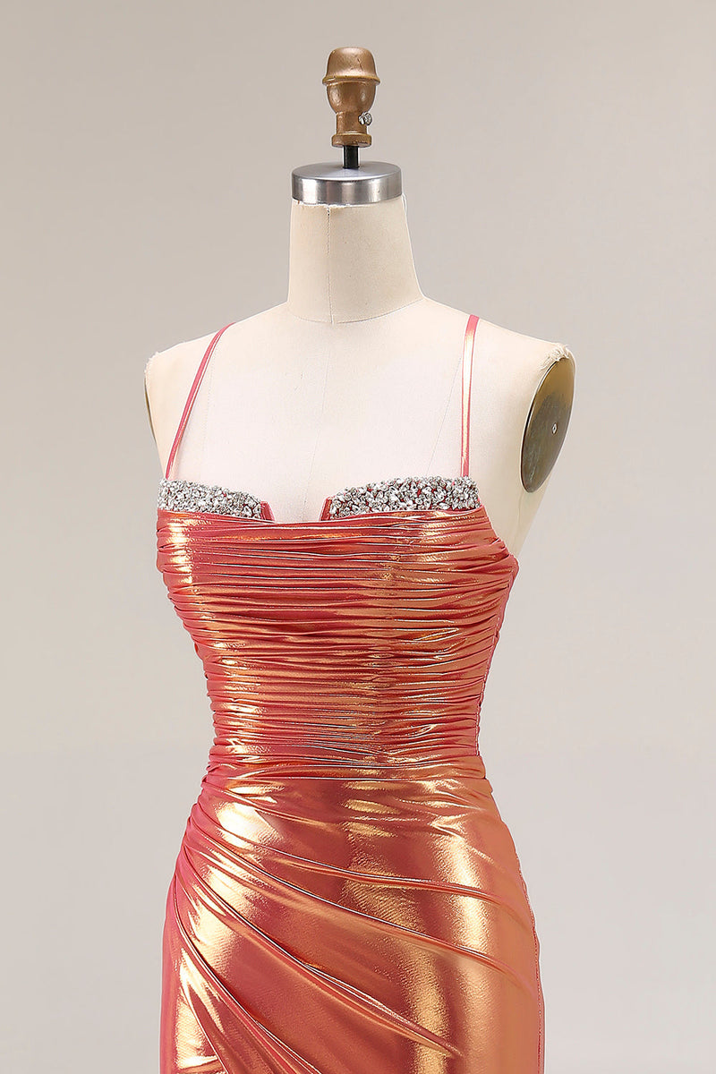 Laden Sie das Bild in den Galerie-Viewer, Metallic Orange Meerjungfrauen Perlen Ballkleid mit Rüschen und Schlitz