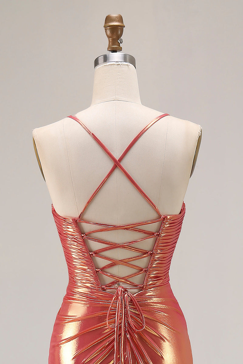 Laden Sie das Bild in den Galerie-Viewer, Metallic Orange Meerjungfrauen Perlen Ballkleid mit Rüschen und Schlitz