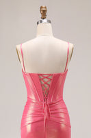 Laden Sie das Bild in den Galerie-Viewer, Glitzer Wassermelone Meerjungfrau Plissee Korsett Langes Ballkleid mit Perlen