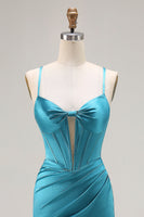 Laden Sie das Bild in den Galerie-Viewer, Pfauenblaues Korsett Meerjungfrau Cut-Out Satin Langes Ballkleid mit Schlitz