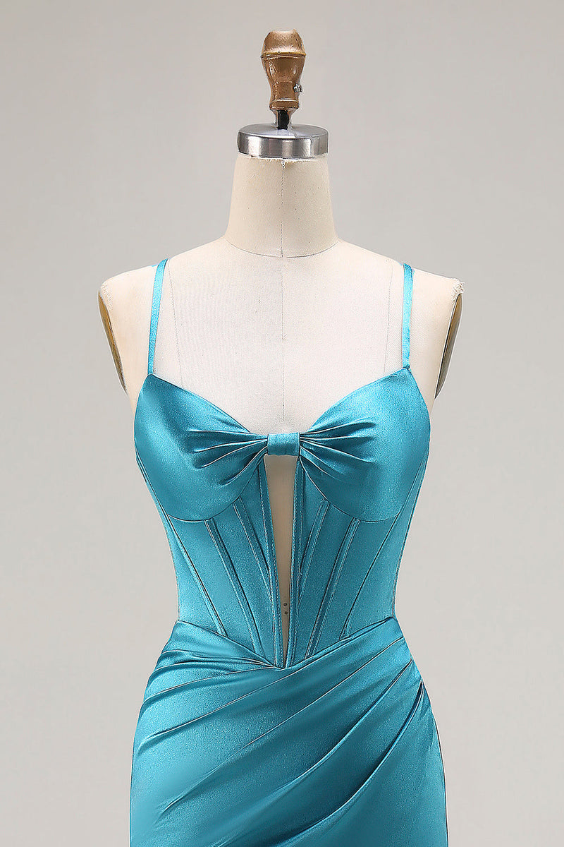 Laden Sie das Bild in den Galerie-Viewer, Pfauenblaues Korsett Meerjungfrau Cut-Out Satin Langes Ballkleid mit Schlitz