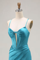 Laden Sie das Bild in den Galerie-Viewer, Pfauenblaues Korsett Meerjungfrau Cut-Out Satin Langes Ballkleid mit Schlitz